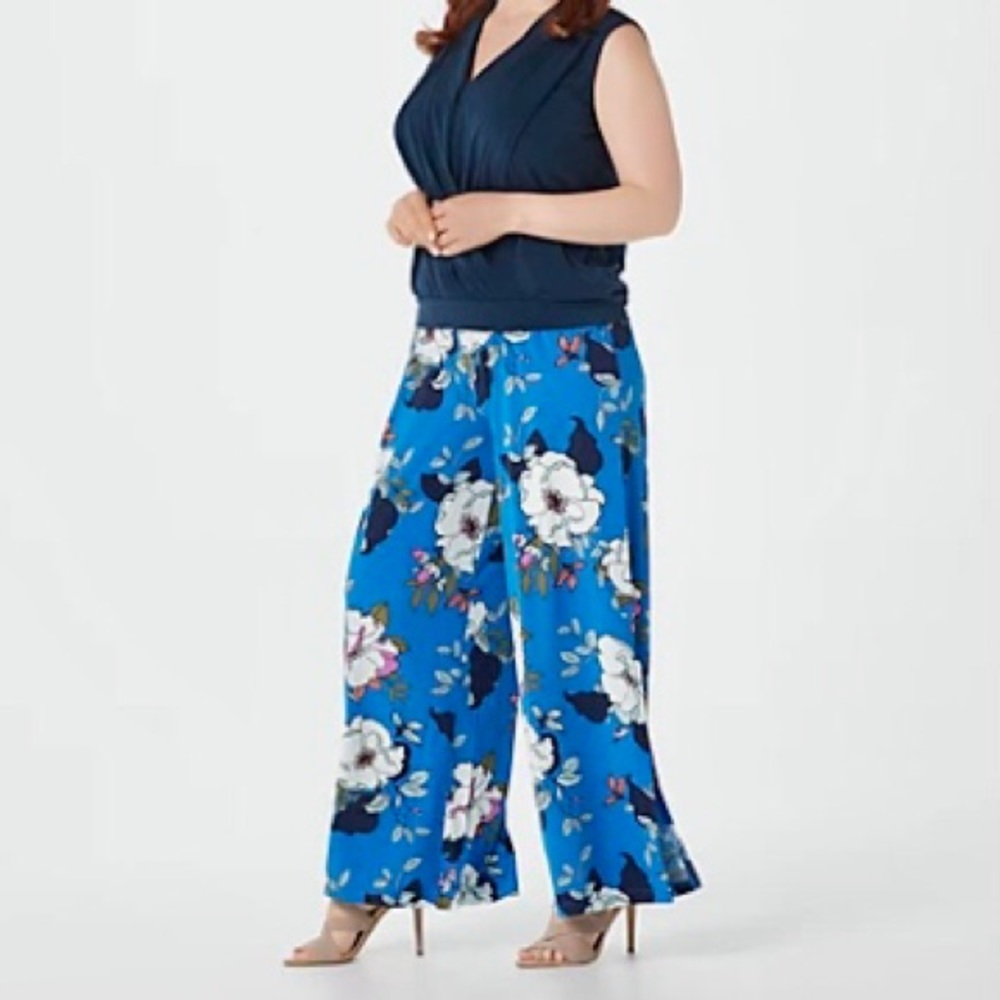 G.I.L.I Blue Floral Pilazzo Pant, Sz Large Petite